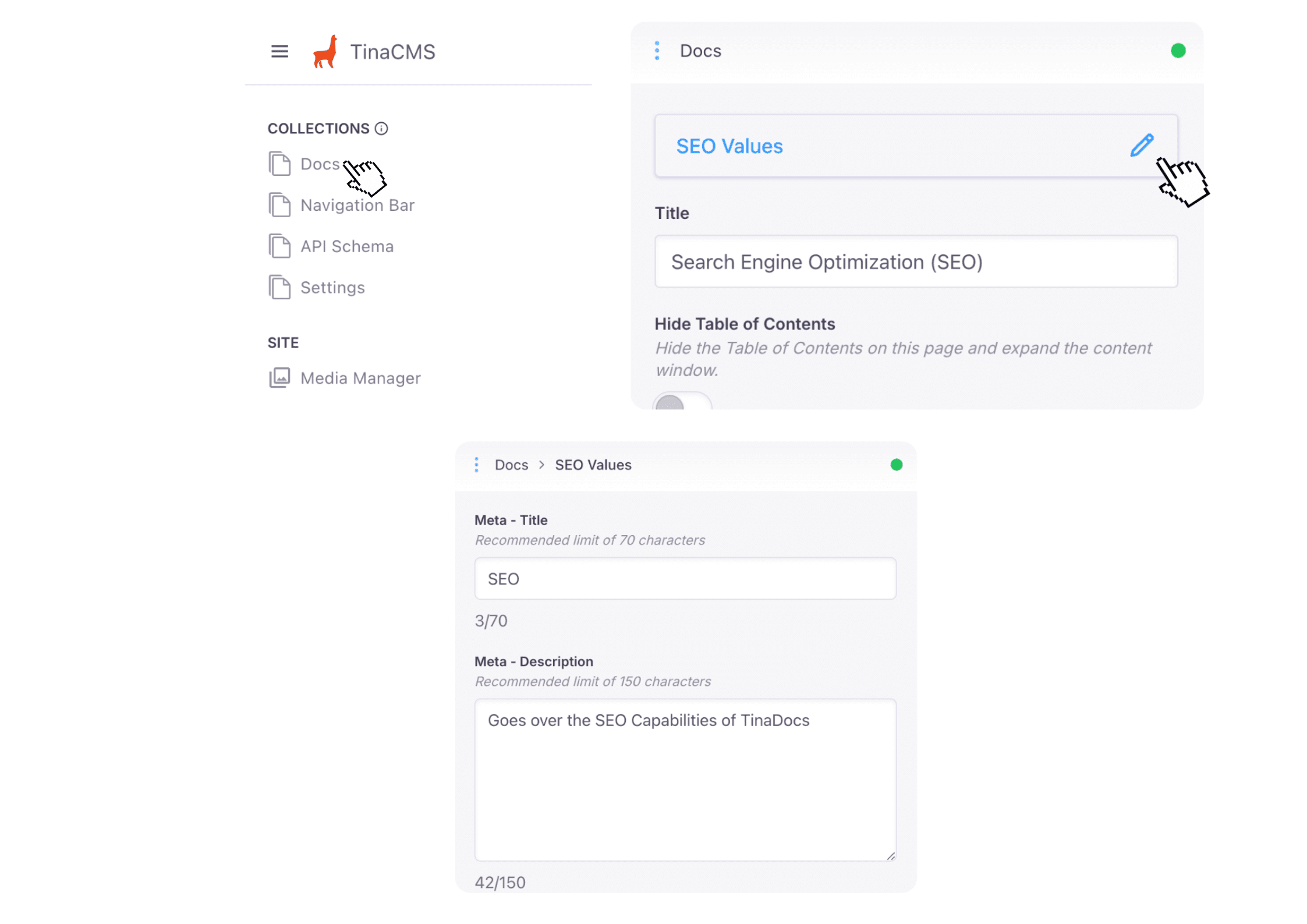 TinaCMS SEO configuration panel showing fields for title, description, and Open Graph settings